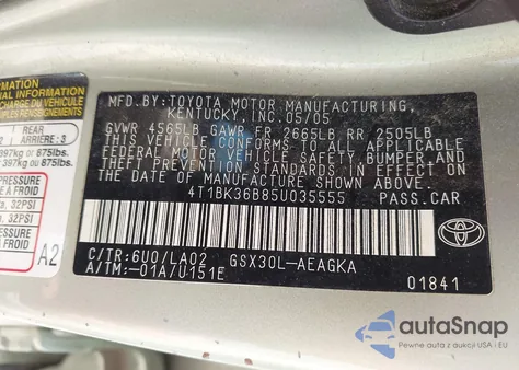 2005 Toyota Avalon Xls from USA, damaged, VIN 4T1BK36B85U035555